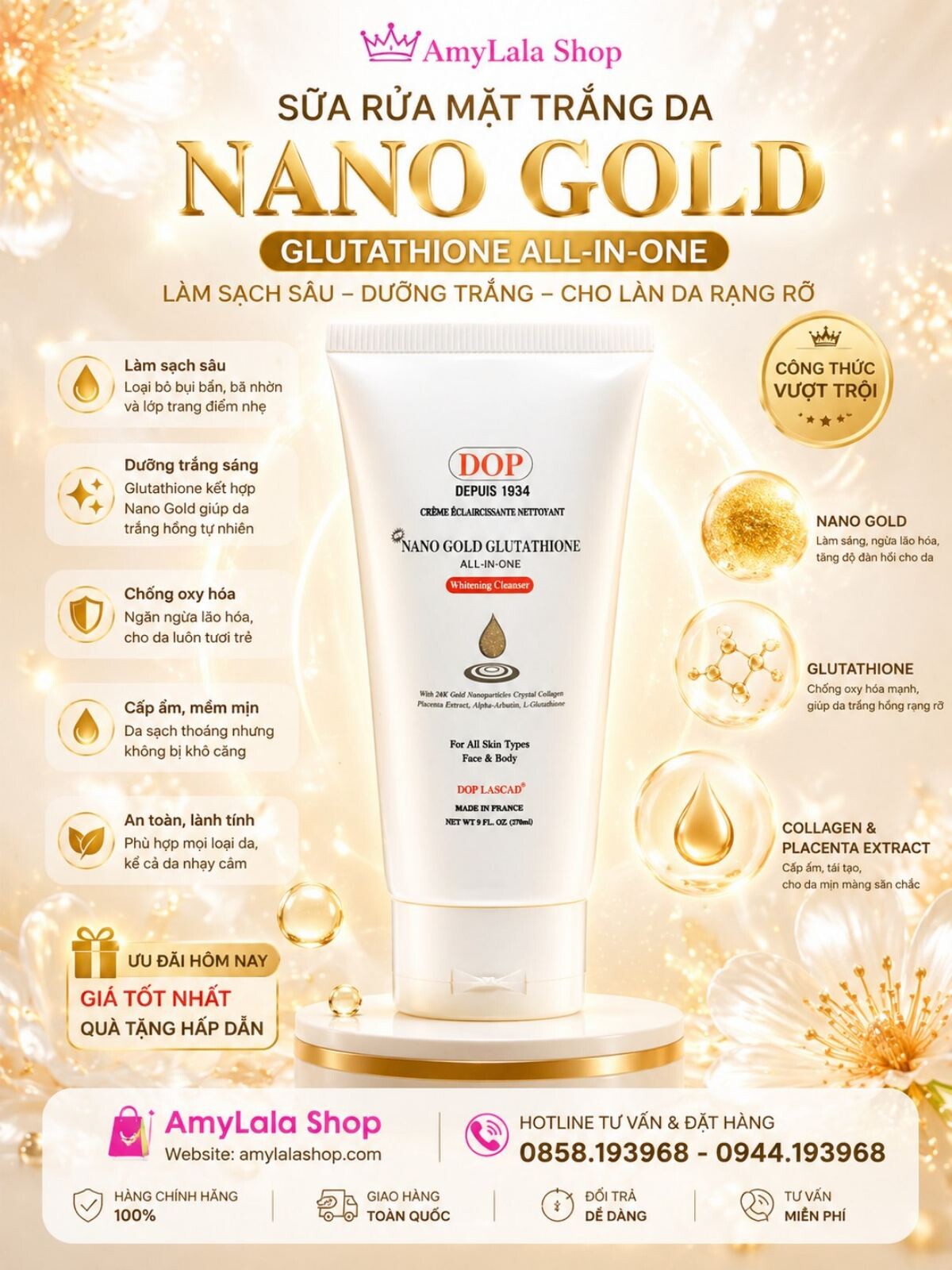 Sữa rửa mặt tinh chất vàng 24k trắng da Dop Lascad® Nano Gold Glutathione 270ml - 0858193968 - 0944193968 - amylalashop.com -