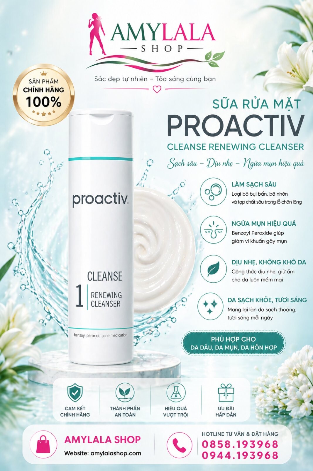 Sữa rửa mặt Proactiv 177ml Renewing Cleanser trị mụn trắng da - 0858193968 - 0944193968 - amylalashop.com -