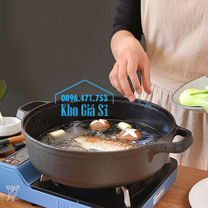 Chảo gang đen đúc thô 2 quai làm bò áp chảo, chiên rán, nấu món ăn Nhật đường kính 27cm