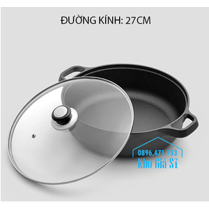 Chảo gang đen đúc thô 2 quai làm bò áp chảo, chiên rán, nấu món ăn Nhật đường kính 27cm