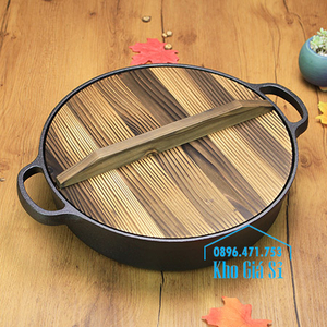 Chảo gang đen đúc thô 2 quai làm bò áp chảo, chiên rán, nấu món ăn Nhật đường kính 27cm
