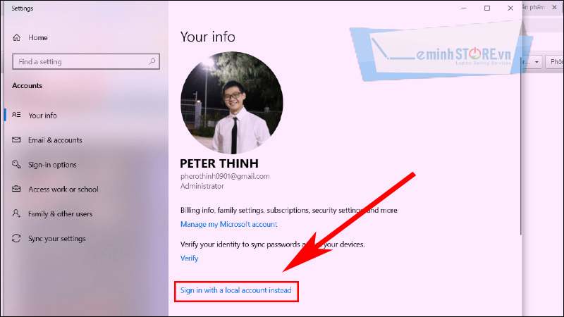 Thao tác đổi mật khẩu Sign in with a local account instead