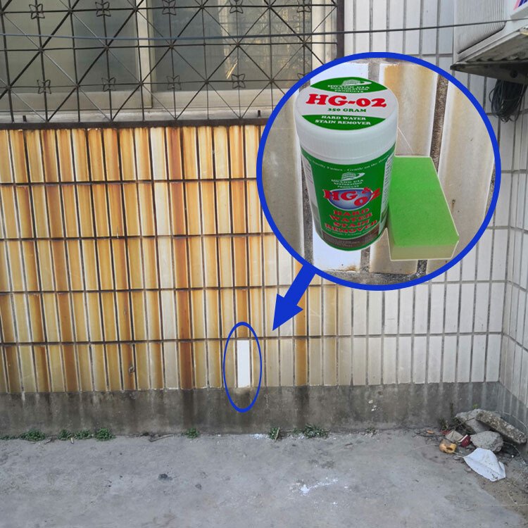 Tẩy rỉ sét cặn ố bám trên tường gốm sứ ceramic bằng bột tẩy HG02 STAIN HANDWATER REMOVER