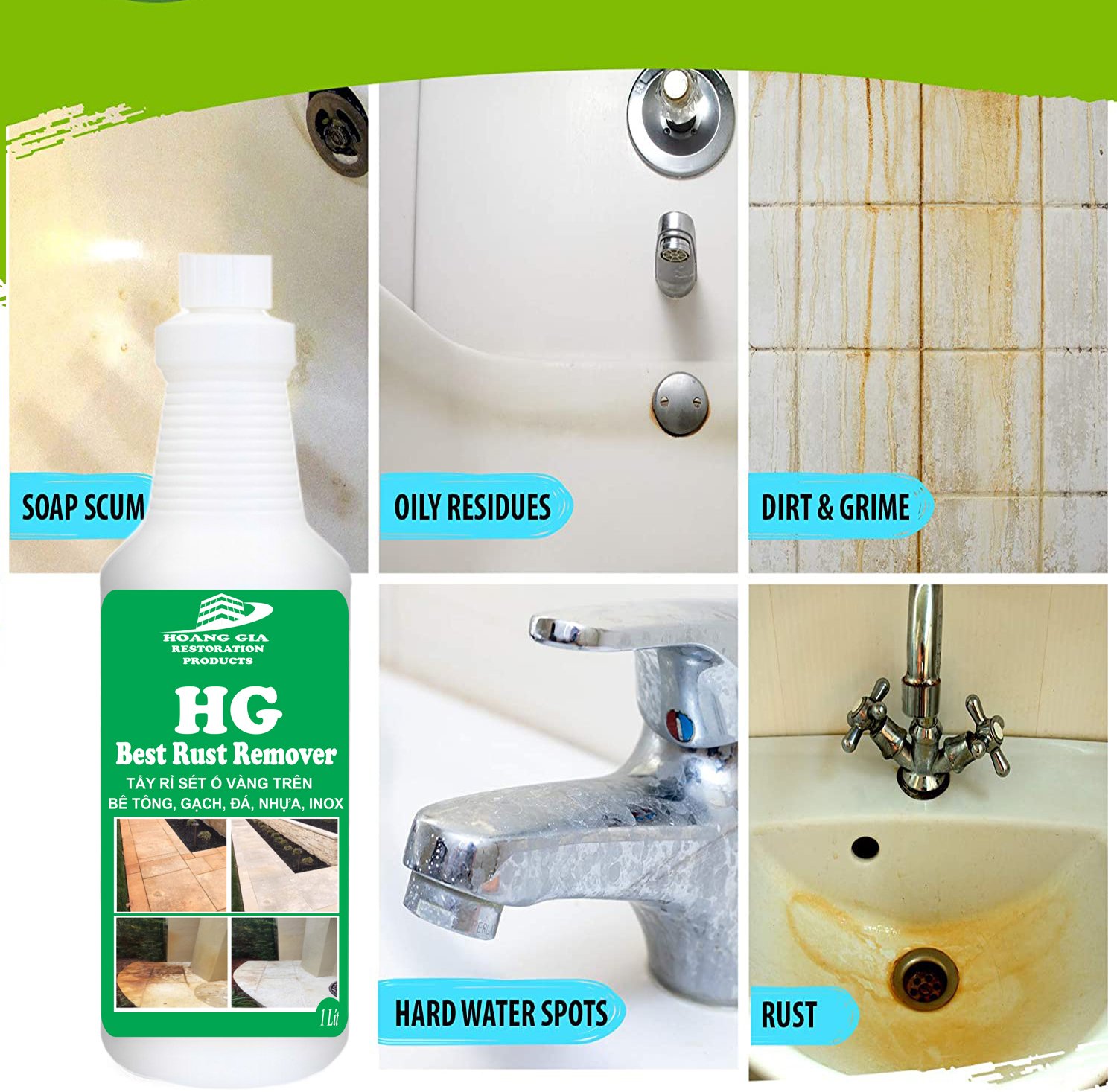 Dung dịch tẩy rỉ sét ơ vàng trên sàn đá, gạch, bê tông HG Best Rust Remover 1L