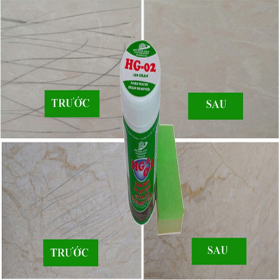 Tẩy vết ố den trầy xước trên sàn đá bóng kính, ceramic, đá bằng bột tẩy HG02 STAIN HANDWATER REMOVE