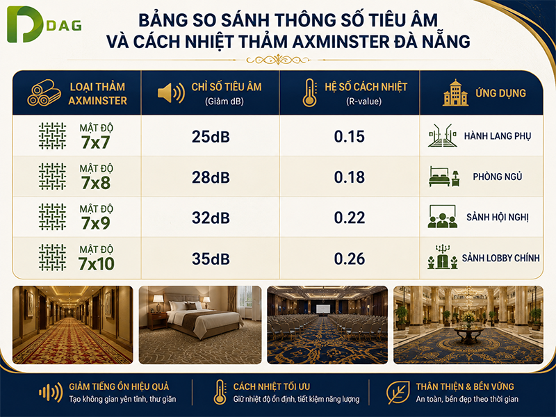 Bảng so sánh thông số tiêu âm và cách nhiệt thảm axminster Đà Nẵng theo mật độ sợi dệt.