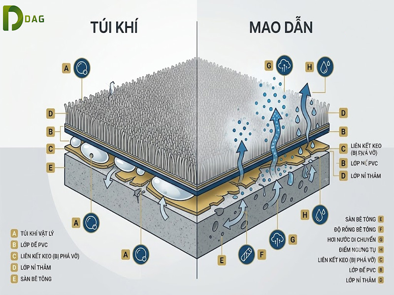 thảm gạch Hà nội bị phồng rộp do hiện tượng túi khí dưới lớp đế PVC.