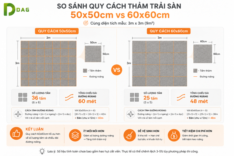 infographic quy cách kích thước thảm gạch Nha Trang 50x50 và 60x60cm