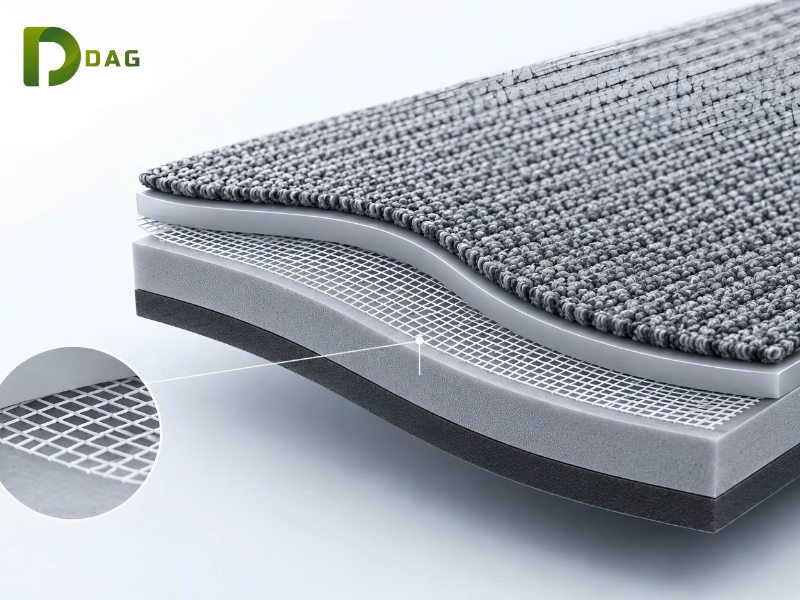 Thảm tấm đế PVC Hà nội cấu trúc đa lớp chống co ngót tại phòng thí nghiệm.