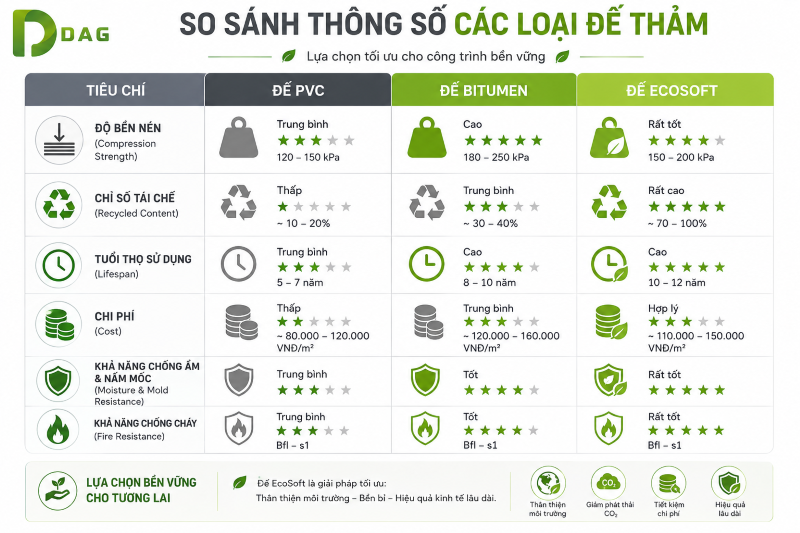 Bảng so sánh đế thảm tấm Nha Trang PVC Bitumen EcoSoft thông số kỹ thuật độ bền cách âm.
