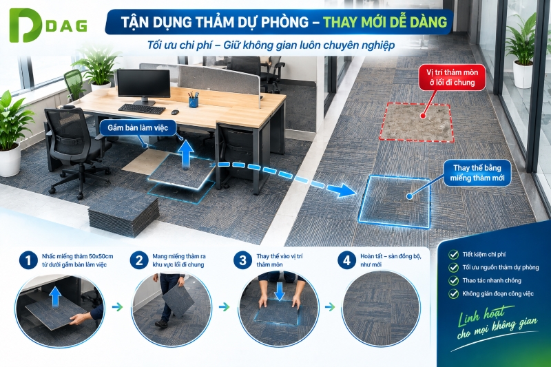 Thảm tấm văn phòng Hồ Chí Minh cách đổi miếng thảm gầm bàn ra lối đi