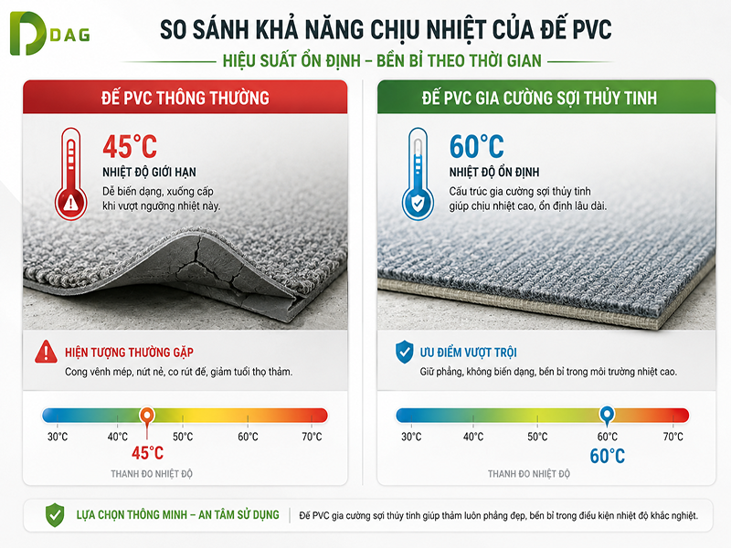 Bảng đối chiếu chịu nhiệt đế PVC thường và gia cường sợi thủy tinh thảm trải sàn polypropylen Đà Nẵng.
