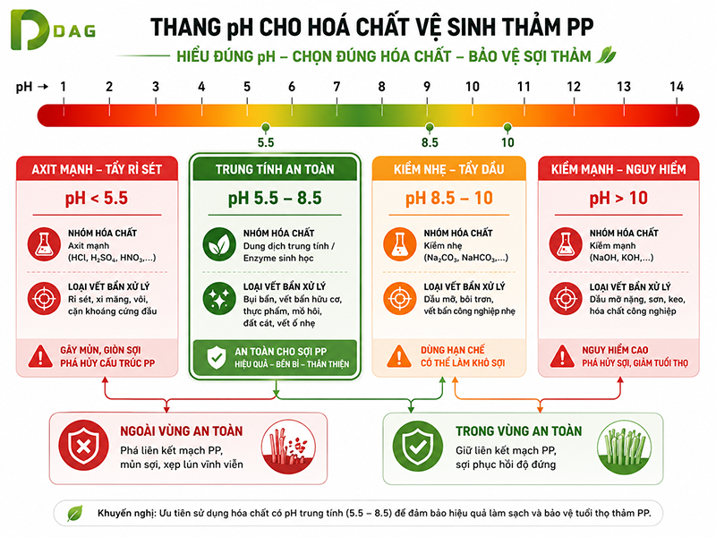 Bản đồ hóa chất phân loại độ pH an toàn cho thảm trải sàn polypropylen Hồ Chí Minh.