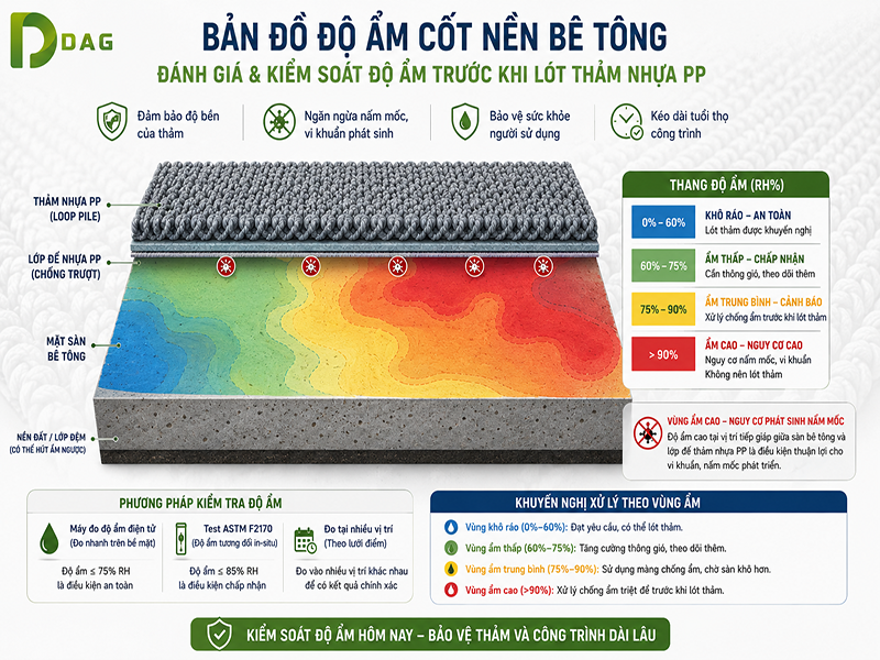 Bản đồ phân vùng độ ẩm mặt sàn bê tông dễ gây phát sinh vi khuẩn nấm mốc trên thảm trải sàn sợi PP Đà Nẵng.