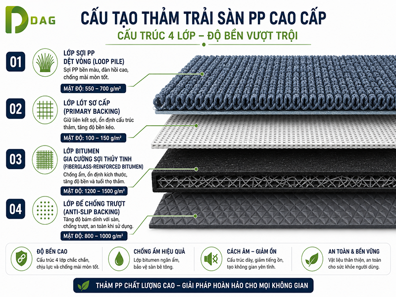 Thảm trải sàn sợi PP Hà Nội cấu trúc mặt cắt lớp đế Bitumen gia cường sợi thủy tinh 4 lớp tiêu chuẩn.