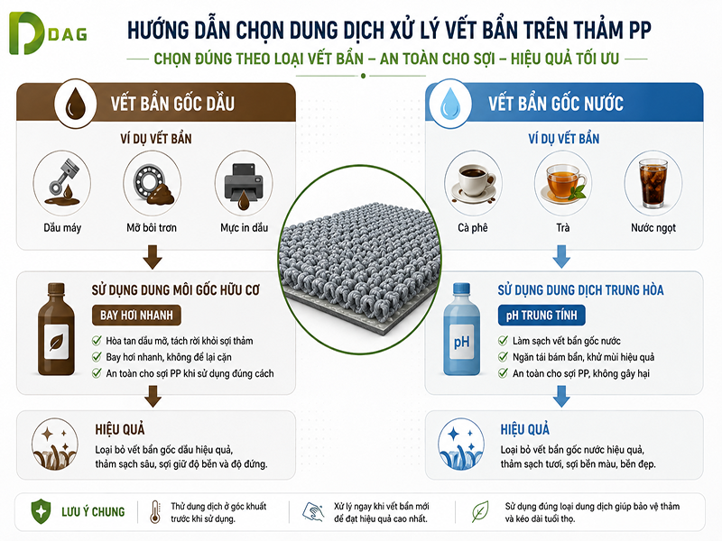 Sơ đồ phân biệt vết bẩn gốc dầu và gốc nước trên thảm trải sàn sợi PP Hồ Chí Minh để chọn đúng dung môi xử lý.
