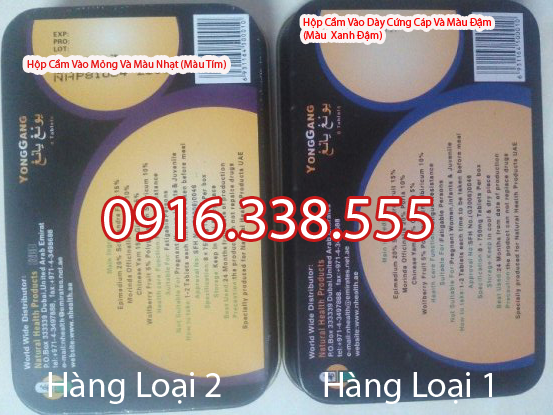 Thuốc yonggang loại 1: hộp chắc chắn và dày hơn, màu sắc đậm hơn (màu xanh đậm) giá vẫn như trước 800k/ hộp 8 viên Thuốc yonggang loại 2 hộp mỏng, màu tím nhạt Giá rẻ khoảng 400-500k / hộp 2