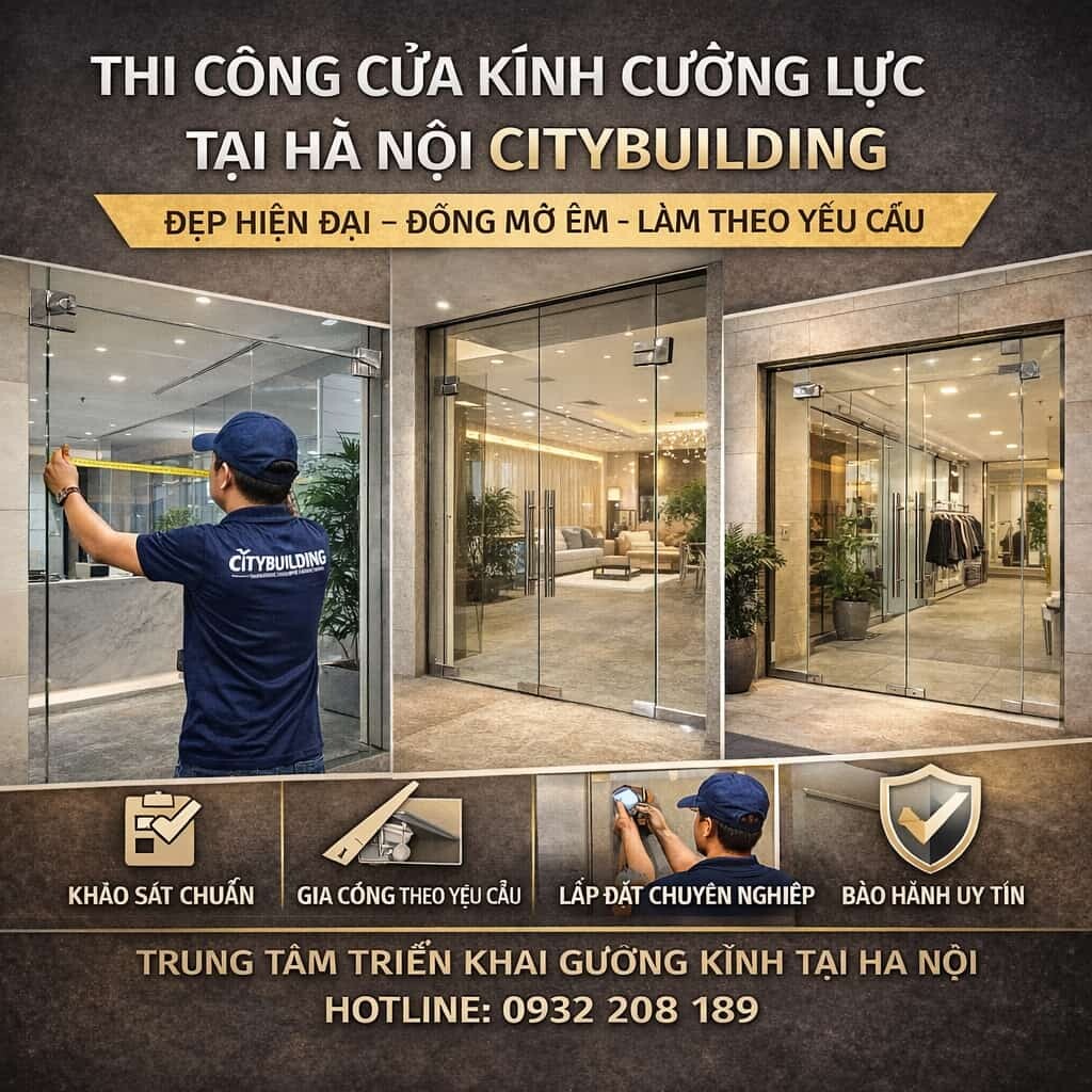 THI CÔNG CỬA KÍNH CƯỜNG LỰC TẠI HÀ NỘI CITYBUILDING – ĐẸP HIỆN ĐẠI, ĐÓNG MỞ ÊM, LÀM THEO YÊU CẦU
