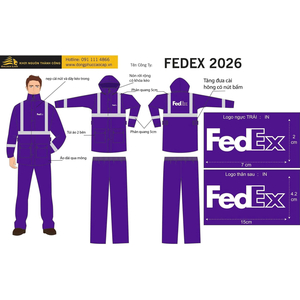 Bản thiết kế áo mưa bộ màu tím, mũ rời, túi trước, dải phản quang và logo FedEx, có nhận diện Golden Lion
