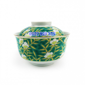 Thố Sứ Xanh Ngọc Vẽ Vàng Có Triện