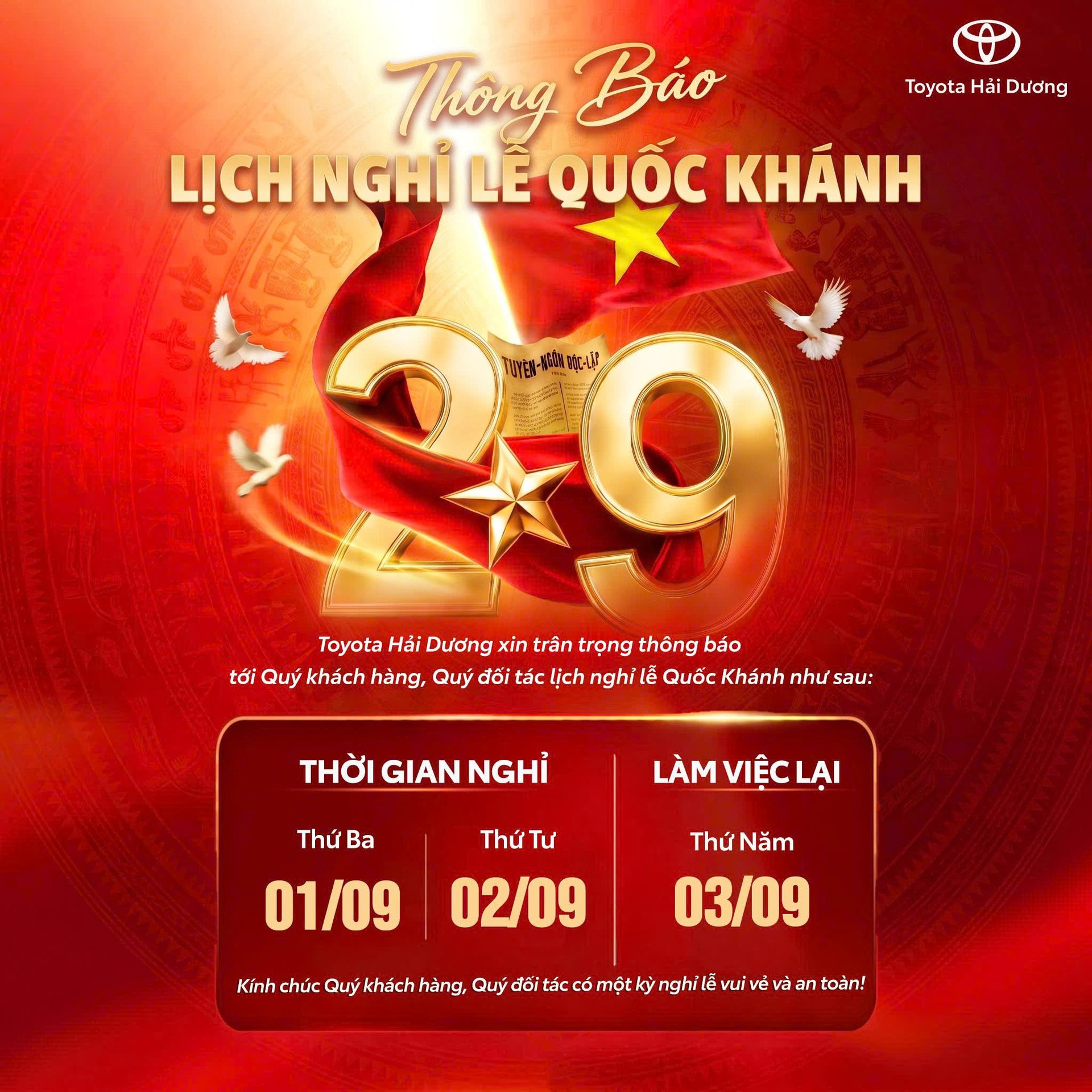 Thông báo nghỉ lễ 2/9 Toyota Hải Dương