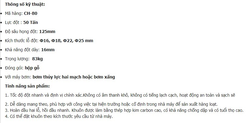 Thông số kỹ thuật và Tính năng sản phẩm: Đột săt thép CH-80 B