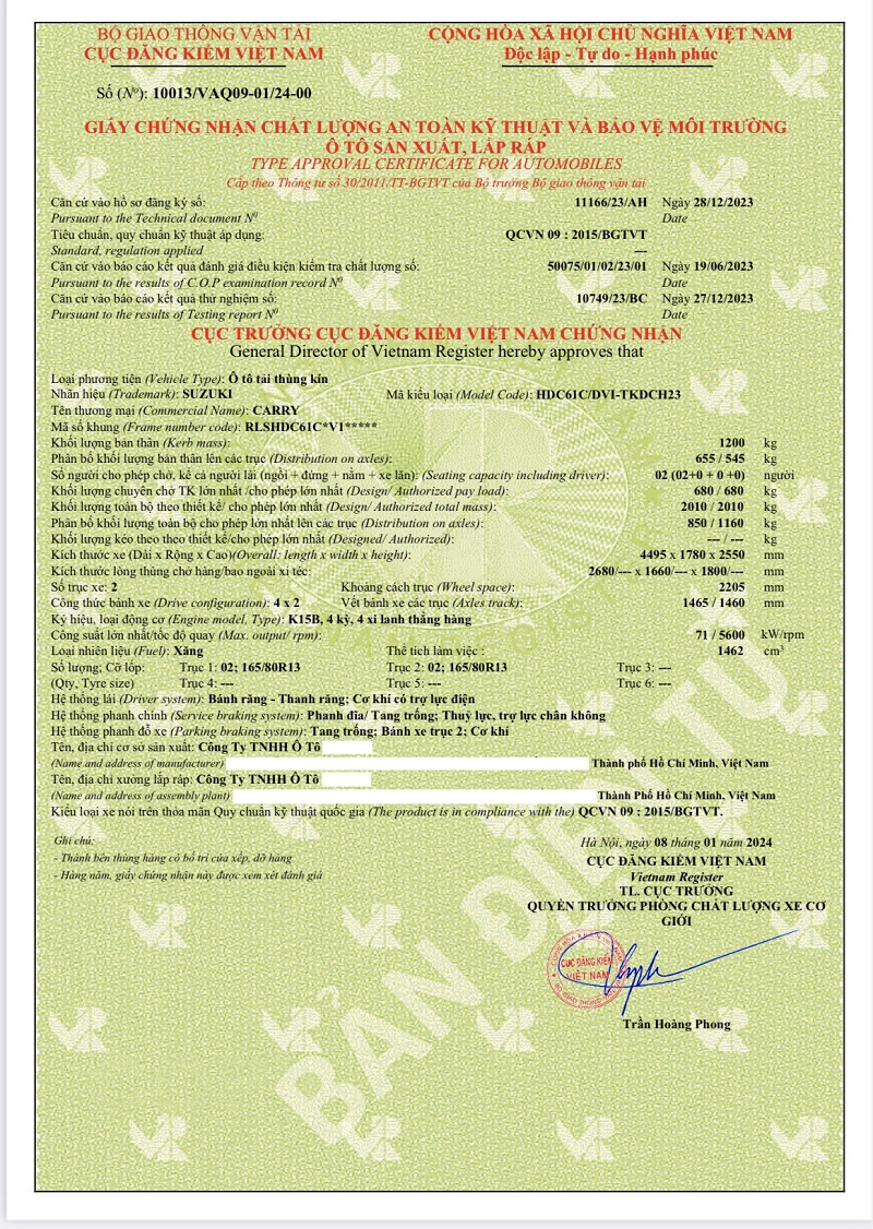 Phiếu kiểm tra chất lượng xuất xưởng và thông số kỹ thuật của xe Suzuki Pro thùng kín inox