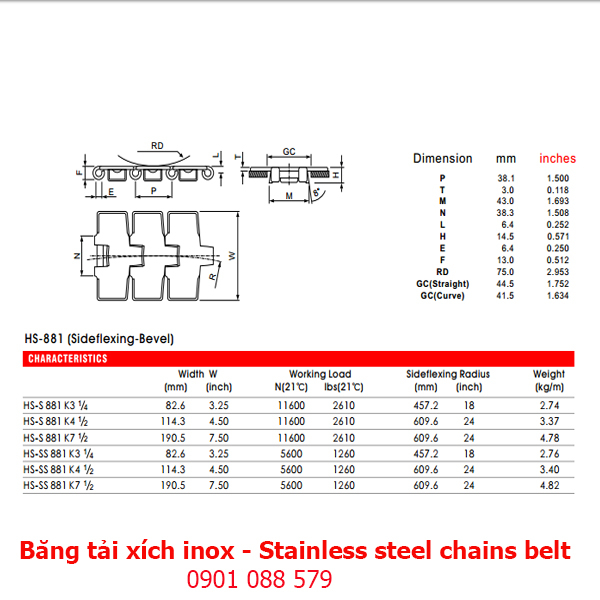 Thông số kỹ thuật: Băng tải xích Inox dòng 881 (Stainless steel chains belt)
