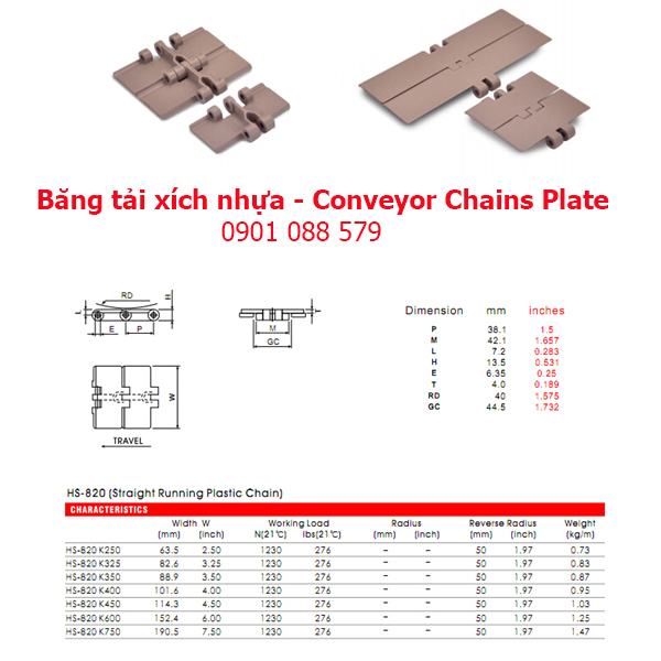 Thông số kỹ thuật: Băng tải xích nhựa dòng 820 (Conveyor Chains Plate)