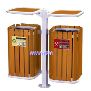 Thùng rác đôi 2 ngăn bằng gỗ trong công viên
