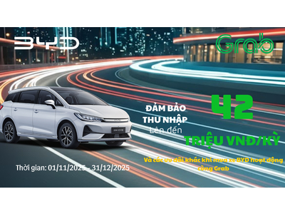 Đảm bảo thu nhập ổn định lên đến 42 triệu/kỳ cùng Grab x BYD cùng nhiều ưu đãi hấp dẫn. Tiết kiệm đến 70% chi phí vận hành