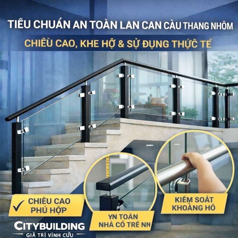 TIÊU CHUẨN AN TOÀN LAN CAN CẦU THANG NHÔM – CHIỀU CAO, KHE HỞ & SỬ DỤNG THỰC TẾ | CITYBUILDING