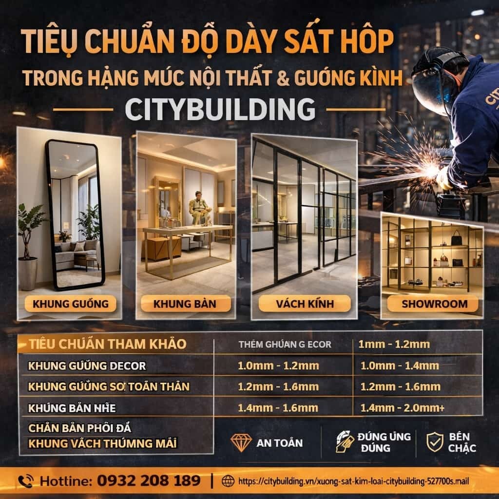 TIÊU CHUẨN ĐỘ DÀY SẮT HỘP TRONG HẠNG MỤC NỘI THẤT VÀ GƯƠNG KÍNH CITYBUILDING