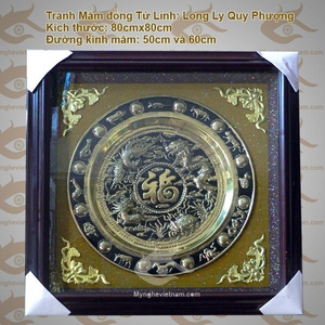 Tranh đồng mâm tứ linh song long chầu nguyệt