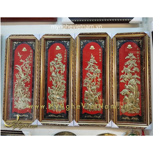Tranh đồng tứ quý nền đỏ 40x100cm