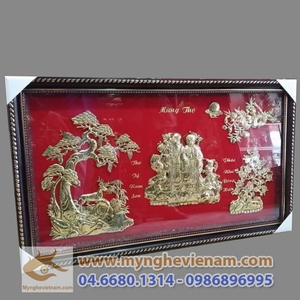 Tranh mừng thọ ông bà bằng đồng nền nhung đỏ 90cm
