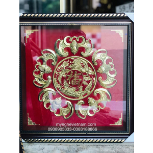 Tranh ngũ phúc lâm môn bằng đồng kích thước 50cm nền đỏ