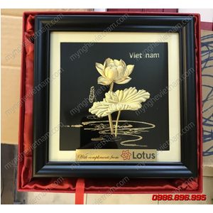 Tranh hoa sen dát vàng 20x20cm nền đen quà tặng để bàn