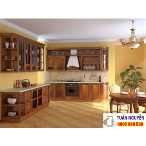 TỦ BẾP GỖ CĂM XE MẶT ĐÁ CÓ KỆ CHÉN