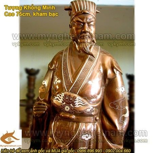 Tượng đồng Khổng Minh, khảm bạc tam khí 72cm