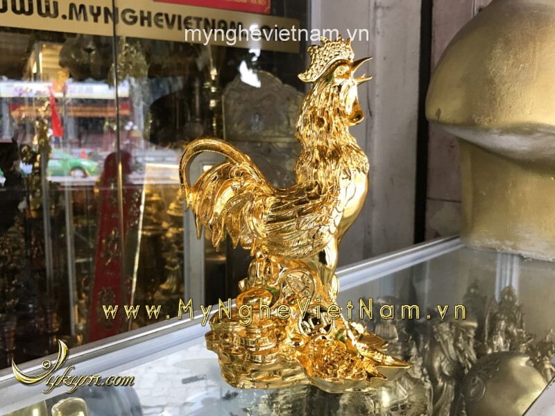 Tượng gà đồng đứng hoa cúc đồng tiền cao 22cm mạ vàng cao cấp