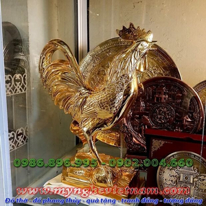 Tượng gà đồng mạ vàng cao 36cm, gà phong thủy cao cấp