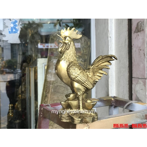 Tượng gà đồng phong thủy cao 23cm ngực chữ Phúc chân đứng tiền