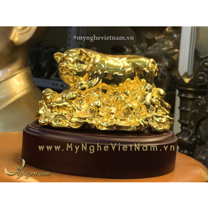 Tượng heo đồng và đàn con mạ vàng dài 12cm
