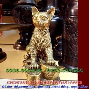 Tượng mèo đồng phong thủy ngồi tiền cao 15cm