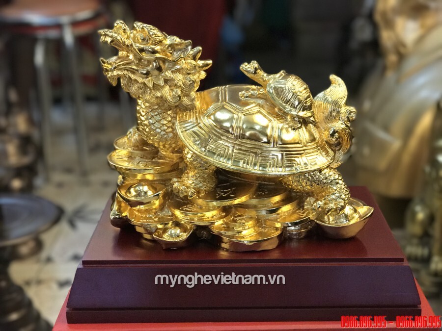 Tượng long quy rùa đầu rồng bằng đồng mạ vàng nano cao cấp dài 25cm