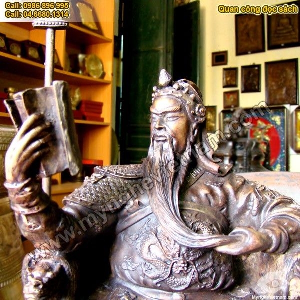 Tượng Quan Công ngồi đọc sách, đúc đồng giả cổ cao 35cm