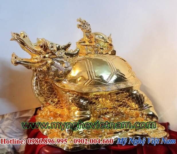 Tượng rùa đầu rồng mạ vàng phong thủy, long quy bằng đồng