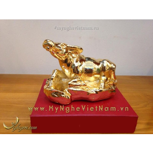 Tượng Trâu đồng mạ vàng để bàn làm việc dài 10cm