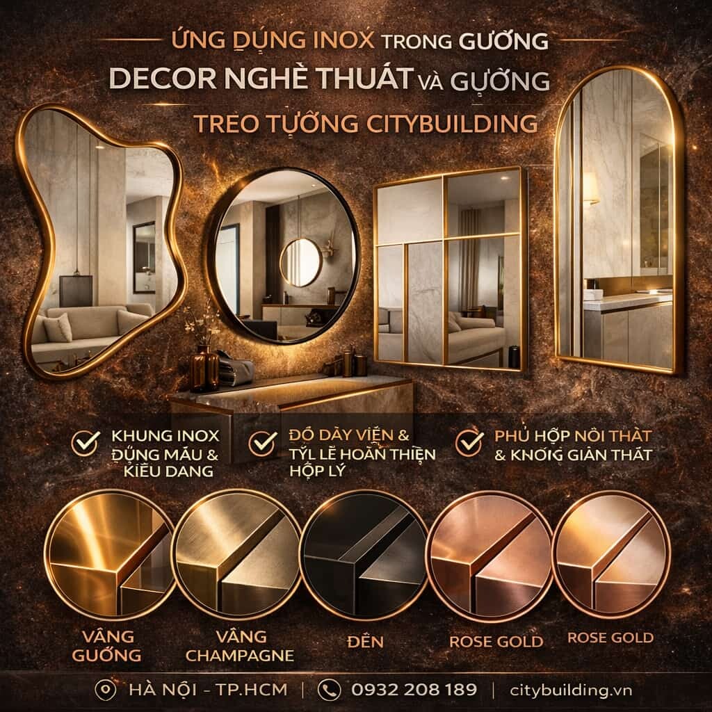 ỨNG DỤNG INOX TRONG GƯƠNG DECOR NGHỆ THUẬT VÀ GƯƠNG TREO TƯỜNG CITYBUILDING